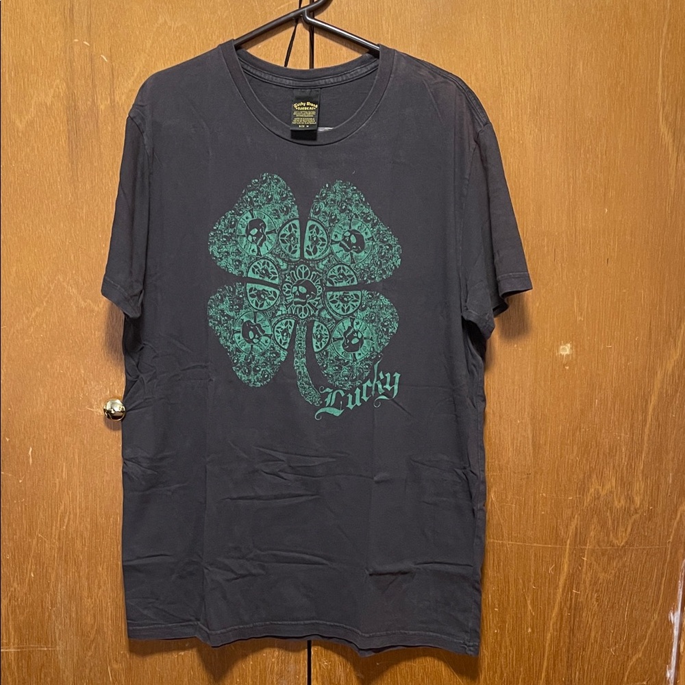 Lucky Brand Black Tee with Green 4 Leaf Clover With Skulls Design